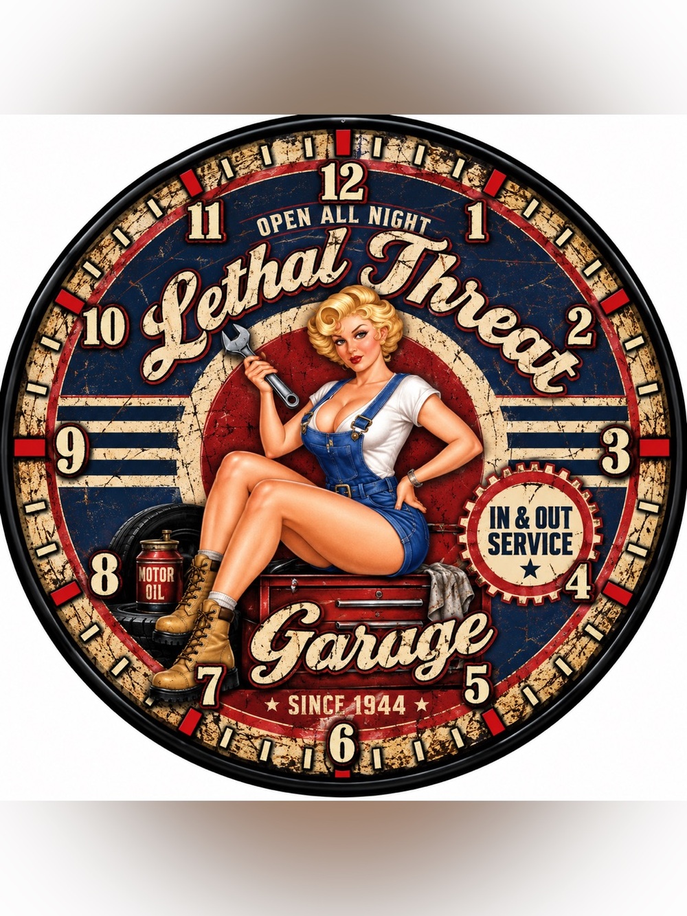 Garage Vintage-Style Wall Clock - Blue, Red, Cream